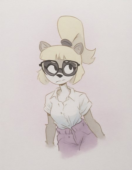 colored outlines, 
watercolor, traditional watercolor style, paper texture, dutch angle, pastel background, 

1girl, solo, furry, anthro raccoon girl, hazel eyes, glasses, straight blonde hair, long ponytail, (button-up shirt:1.2), 