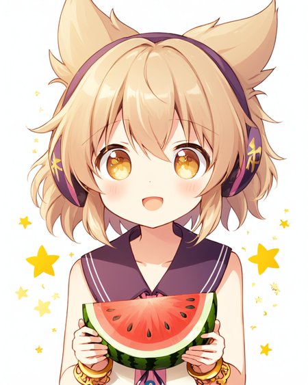 toyosatomimi no miko,1girl, solo, earmuffs, watermelon, open_mouth, upper_body, white_background, sparkle, bracelet, holding_food, simple_background, :d, looking_at_viewer, sleeveless_shirt, blush
<lora:toyosatomimi_no_miko_image4798_2023-12-20-000009:1>,star-shaped_pupils,symbol-shaped_pupils,. gorgeous,key visual, vibrant, studio anime,award-winning, professional, highly detailed,high budget, cinemascope