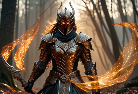 realistic, photorealistic, A breathtaking cinematic wide shot, low angle shot of three fierce warriors, their glowing amber eyes burning with an untamed fire beneath an intricately carved obsidian battle helmet, adorned with swirling, celtic engravings that glisten under the golden twilight.  The armor they wear is a masterpiece of darkened steel, each plate adorned with elaborate engravings that resemble the twisting roots of an enchanted forest, embeded with rubis inlays, reflecting the fading sunlight in hues of deep bronze and gold. Their leather-clad gauntlet, wrapped in fine, interwoven scales, they maintain an unyielding gaze, exuding an aura of calculated dominance. The background is a blurred, ethereal forest bathed in warm, dappled light, the last remnants of sunlight streaming through tangled branches, casting glowing orange reflections across her imposing form. One of them hold a long lance on which a driffting banner scarlet and gold is floating fiercely in the wind,   Autumn leaves drift gently, caught in the slow-motion breeze, swirling around her like omens of a prophecy unfolding. Hyper-realistic textures emphasize every micro-detail, from the metallic etchings on their helmets to the intricate patterns embossed upon her armor, creating an otherworldly yet immersive fantasy composition that radiates power, mysticism, and an unbreakable will.