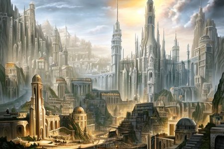(masterpiece:1.2), (best quality,:1.2), 8k, HDR, ultra detailed, ((photorealistic)), professional light, cinematic lighting, fashion photography, ambient lighting, atmospheric effects, DarkFantasy, Numenor, a street with stairs in a big medieval fantasy city on a mountain, high towers, high walls, <lora:Numenor-10:1>, in the style of Middle Earth, Tolkien, Minas Tirith, epiCPhoto