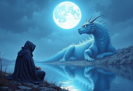 A captivating digital fantasy artwork featuring a solitary, cloaked warrior sitting peacefully before a massive, majestic ice-blue dragon under the radiant full moon. The dragon lies calmly, its shimmering scales reflecting the lunar glow, beside a serene lake that mirrors the tranquil scene. The atmosphere is filled with quiet contemplation and harmonious coexistence, showcasing peace in the presence of the warrior's power and the dragon's grandeur. The artwork is rendered in a cinematic and hyperrealistic style, drawing inspiration from the mastery of artists Brom and Donato Giancola. The predominant cool-toned color palette of blues, greys, and whites contrasts with the warm moonlit tones. The soft, ethereal lighting, primarily moonlight, enhances the dragon's and the warrior's textures, which are rendered with, cinematic, poster, conceptual art
