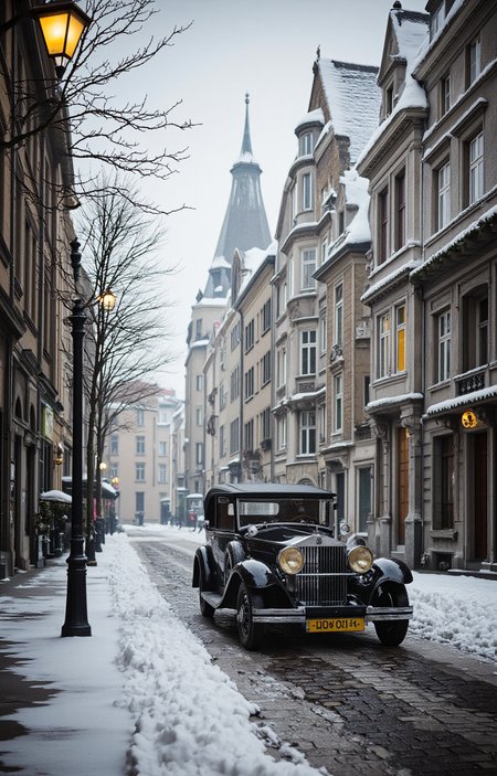 high-resolution photograph capturing a vintage scene in a snow-covered European street, likely from the early 20th century. The central focus is a classic black car, possibly a Rolls-Royce, with a polished chrome finish and large, round headlights. The car is parked on a slick, wet cobblestone street, with a yellow license plate reading "120-3" visible. The street is flanked by ornate, historical buildings with intricate stone facades and pointed, snow-covered roofs. These buildings feature large windows and decorative iron balconies, adding to the historical charm., To the left, a vintage street lamp with a glowing yellow light casts a warm glow onto the snow, enhancing the scene's nostalgic atmosphere. Bare trees line the street, their branches stark against the overcast sky. The sky itself is a muted, pale blue, indicating a cold, wintry day. The overall color palette is dominated by shades of gray, white, and dark brown, with subtle hints of yellow from the lamp and car lights. The texture of the snow and the wet cobblestones adds depth to the scene, while the architectural details of the buildings and the vintage car contribute to a sense of timelessness and historical elegance., <lora:aidmaImageUpraderv0.3:0.4>, aidmaimageupgrader, <lora:diffusion_pytorch_model:1>, <lora:aidmaMJ6.1_v0.5_3:0.7>, aidmaMJ6.1, ultra quality, ultra detailed, intricate details