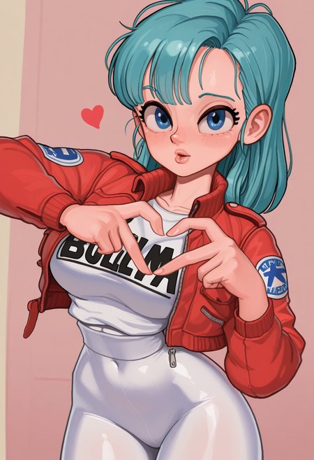 r1f13style,  masterpiece, best quality, solo,                                                                       bulma, blue hair, blue eyes, red jacket, white spandex,  heart hand, pucker lips
