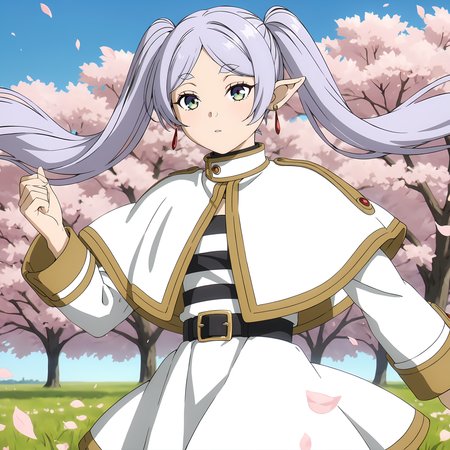 <lora:FrierenXL004>,<lora:DetailedEyes_V3:1.6>,
solo,
anime screencap,
best quality,masterpiece,
Frieren,1girl,light purple hair,twintails,multicolored eyes,earrings,
capelet,jacket,striped shirt,
belt,skirt,
pantyhose,
petal,wind,sky,sunbeam,