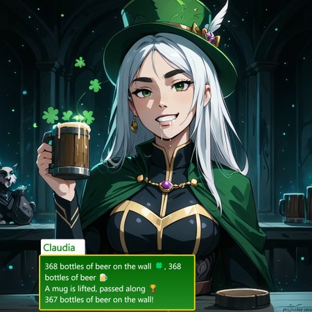 score_9, score_8_up, score_8, medium breasts, (ultra realistic,32k, masterpiece:1.2), (high detailed skin:1.1), (high quality:1.1),  
(upper body, portrait:1),  
ShamrockWorld, clover, four-leaf clover, light particles, solo,  
corset, long sleeves, collared dress, solo, face beet red, eyes barely open, drooling slightly, head resting on the bar, mug fallen over, beer all over the table, hair messy, goofy drunken grin, barely awake, (top hat), holding, belt, cup, no humans, holding cup, alcohol, mug, green headwear, hat feather, beer, beer mug, clover, four-leaf clover, green cape, green capelet,  
volumetric lighting, mood lighting, low lights, soft light, hazy, intricate details, rating_explicit, (ultra realistic, 32k, masterpiece:1.2), (high detailed skin:1.1), (high quality:1.1), bokeh, luminescent background, zPDXL, ral-cltc, Expressiveh, Claudia Dragon Prince, White hair with a dark streak, Green eyes, Fair skin with rosy cheeks, Thick eyebrows, Golden-accented black and gray outfit, Black and brown belt with purple gemstone, Claudia,