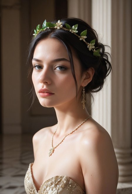 beautiful, masterpiece, ((score_9), score_8_up, score_7_up), score_6_up, royal, laurel wreath, black hair, tied hair, year 1650, formal court attire,
volumatric lighting, in a palace, bright lighting, 
expressiveH