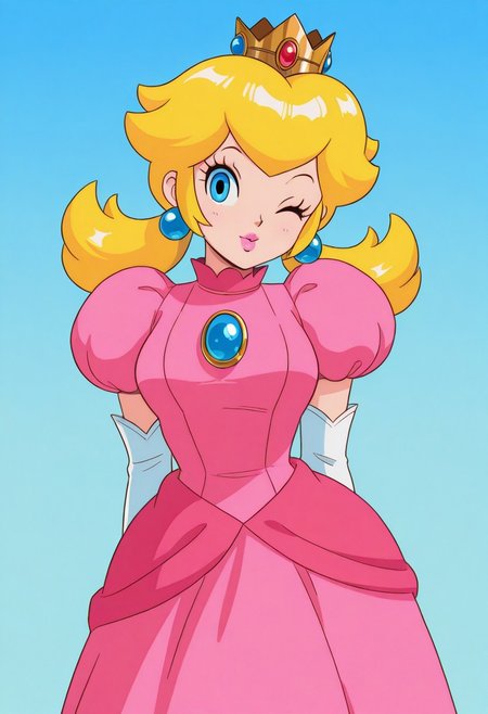 nintendo, official art, retro artstyle, 
best quality, masterpiece, amazing quality, very aesthetic, absurdres, 
1girl, solo, 
cowboy shot, 
princess peach \(mario\), 
blonde hair, lotails, blue eyes, pink lips, 
dress, 
looking at viewer, smile, one eye closed, 
blue background, gradient background, white outline