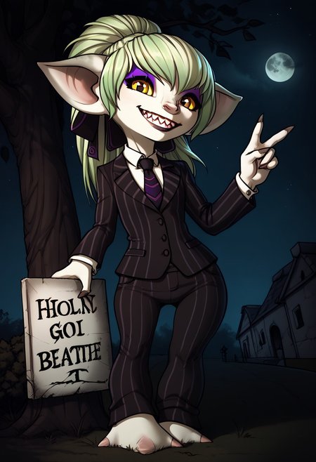 score_9,source_anime,face,shortstack, full body score_9,shortstack,1girl,   flat chest, short stature,big pointed ears,  hair bow, wide hips,pale skin, three large toes, looking at viewer,
outdoor, tombstone in the background , bats in back , eerie , night time , moonshine , low light
(1girl,sura, Female, Guild Wars, detailed face, detailed eyes , highly detailed, sharp teeth  ),Guild Wars 2,asura_(guild_wars), low grin , smile, looking at viewer , 
suit, standing, jacket,  pinstripe pattern, large black  and white vertical stripes, long sleeves, necktie, green hair, pants, shirt, striped, formal,  poltergeist vibes, beetlejuice beetlejuice beetlejuice , open arm pose , purple eyeshadow ,
(( holding a white sign )),