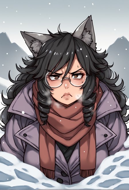 score_9, score_8_up, score_7_up, source_furry, by kipteitei, wolf female woman, wolf ears, grey ears, brown eyes, round pupils, curled hair, ,very long black hair, lips, wolf tail,curvy, purple coat, snow, ice, cold, glasses, annoyed, scarf <lora:SyMix_Pony_v3_a01:.5> <lora:Pony_DetailV2.0:.5>, snow on face, BREAK, a wolf girl during a snowball fight,