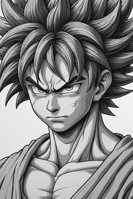 son Goku manga drawing,super detailed,monochrome