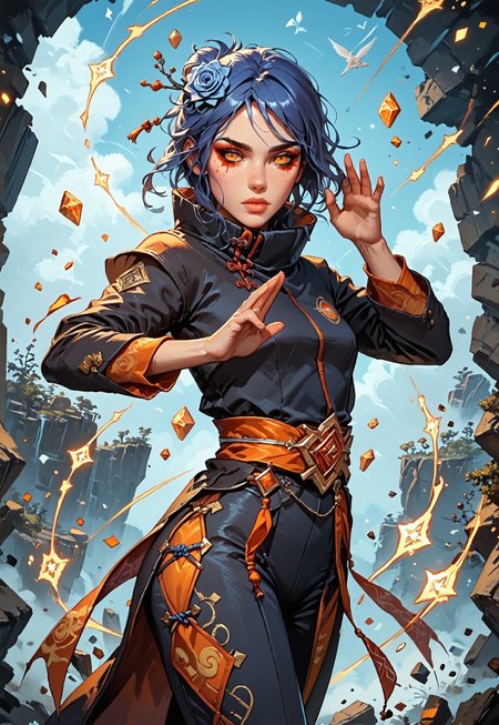 ((zPDXL3)), ((masterpiece,best quality, highly detailed)), ((score_9)), score_8_up, score_7_up, score_6_up, score_5_up, score_4_up, Digital painting style, brushstrokes, ((EnhanceImage)), solo, 1girl, KonanNSHXL, makeup, orange eyes, blue hair, short hair, single hair bun, hair flower, medium breasts, high collar, black coat, coat with cloud print, long sleeves, pants, sandals, origami, swirls of origami, origami cranes, 
Expressiveh, 30yo, adult lustful confident woman, petite, slender body, perky saggy natural breasts, full lips, bangs, sidelocks, straps,
chinese magical sorceress, animated, swirling magic, wisps of magic, ((dancing pose)), tight squeezed outfit, magical accessories, evoking motion, conveying motion, dynamic splash art, 
<lora:PainterlyFantasiaPDXL:0.6>,