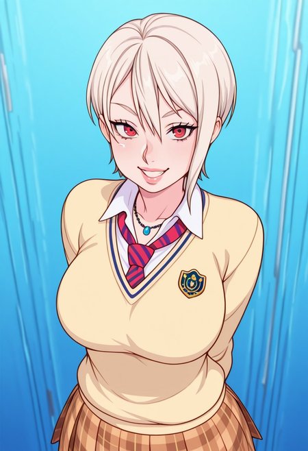 S4s4k1Nsfw,masterpiece, best quality, amazing quality, very aesthetic, absurdres, newest, detailed background, 4k, 8k,
nakirialice, 1girl, solo, school uniform, skirt, necktie, looking at viewer, jewelry, lips, smile, grin, breasts, short hair, arms behind back, necklace, plaid skirt, hair between eyes, large breasts, red eyes, 
<lora:Alice_Nakiri_-_Shokugeki_no_Soma_Illustrious:1>