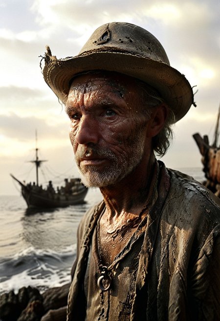 FRESHIDEAS Real Photography 2#, chiaroscuro,  low-key, great lighting, Dorothea Lange meets Rembrandt,weathered face of a 17th-century retired old man whaler,leathery complexion etched with sea-salt wrinkles,deep-set eyes holding storm-tossed memories.Angular jawline carved by decades of ocean winds,white beard like sea foam.Muted sepia tones dominate,dramatic chiaroscuro lighting.Golden hour glow caresses weathered skin,resembling sun-bleached driftwood.Distant silhouette of whaling ship,sails unfurled against flame-orange sky.Misty harbor,busy sailors' shadows hauling day's catch.Horizon ablaze with setting sun,casting long shadows across choppy waters.Subject's eyes,blue as deep ocean,gaze wistfully at fading daylight.Salt-stained tricorn hat,frayed edges.Rope-calloused hands clutch ancient spyglass.Hints of bygone adventures in every line and scar.Composition balances intimate portrait with expansive seascape.Textured canvas effect,visible brushstrokes in Rembrandt style.Subtle maritime elements:anchor tattoo,sea shell necklace.Evocative mood blends nostalgia,dignity,and unspoken tales of high seas.(Weathered_Sailor:1.5),(Rembrandt_Lighting:1.3),(Golden_Hour:1.2),(Maritime_Nostalgia:1.4),(Dorothea_Lange_Style:1.3)