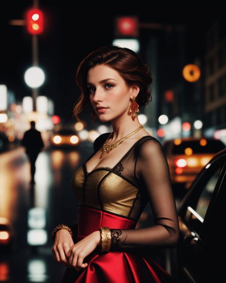 (style of [mario testino|annie leibovitz]:1.4), XD-Scene  Style-DoF, (style of Peter Lindbergh), woman, upper body, face, dressed in a couture gown, deep red, intricate lace, luxurious fabric, gold embroidery, baroque-inspired patterns, the gown hugs her silhouette, dramatic, elegant, regal, model's expression confident, intense gaze, hair styled in a tousled updo, bold red lipstick, flawless makeup, golden jewelry, necklace, earrings, exuding sophistication, poised, powerful, New York City, street scene, evening, blurred background, vibrant city lights, bustling atmosphere, the contrast between high fashion and the urban setting, neon signs, wet pavement reflecting lights, creating a cinematic effect, slight bokeh, capturing the energy of the city, blending luxury with street style, visual storytelling, modern couture, timeless elegance, the model stands out amidst the urban chaos, commanding attention, a perfect blend of glamour and grit, high-end fashion editorial, capturing the essence of New York's vibrant nightlife, bold, alluring, captivating <lora:kodak_ektar:0.8>