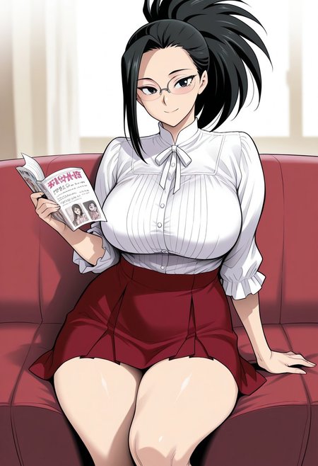 masterpiece, best quality,
 <lora:Kakugari_Kyoudai:1> K4k0g4r1K100d41,   1girl, detailed, beautiful, happy, Curvy figure, detailed eyes,, 1girl, yaoyorozu momo, long hair, bangs, black hair, ponytail, black eyes, white blouse, crimson skirt, reading glasses,