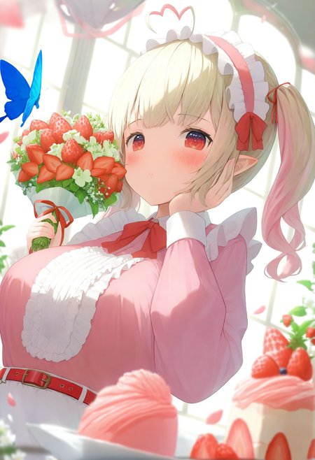1girl, food, strawberry, red eyes, virtual youtuber, pointy ears, solo, twintails, multicolored hair, hand on own cheek, heart ahoge, butterfly, fruit, hand on own face, bug, belt, frills, blush, holding, blue butterfly, hairband, looking at viewer, puffy sleeves, window, apron, breasts, petals, blurry foreground, blurry, cake, indoors, closed mouth, pink shirt, flower, bouquet, long sleeves, ahoge, ribbon, depth of field, heart, center frills, maid headdress, upper body, streaked hair, large breasts, pink hair, two-tone hair, white apron, frilled hairband, red ribbon,
masterpiece,best quality,newest,absurdres,highres,very awa,<lora:negi1_noob1.1-000186:0.9>,