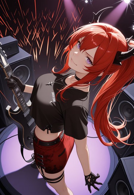 masterpiece, best quality, 1girl, solo, 5urtrCas, purple eyes, red hair, long hair, ponytail, horns, black choker, necklace, black shirt, short sleeves, crop top overhang, midriff, black glove, single glove, black belt, red skirt, thigh strap, garter strap, from above, dynamic pose, holding electric guitar, smirk, looking at viewer, looking up, wide shot, on stage, stage lights, speaker, emphasis lines, <lora:ChamSurtrNoob:1>