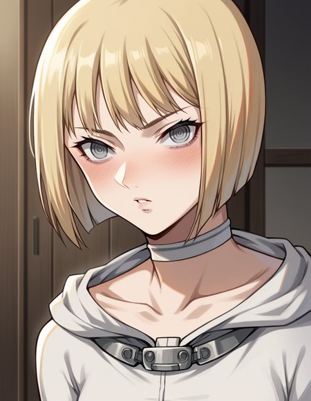 score_9, score_8_up, score_7_up, source_anime,
claymoreclaire, <lora:claymore-claire-s1-ponyxl-lora-nochekaiser:1>,
claire, short hair, blonde hair, grey eyes, bob cut, pale skin, white skin, ringed eyes,
choker, bodysuit, white bodysuit, collarbone, long sleeves,
indoors, bed, bed room, on side, blush, drunk,
solo, looking at viewer, cowboy shot, dutch angle,
