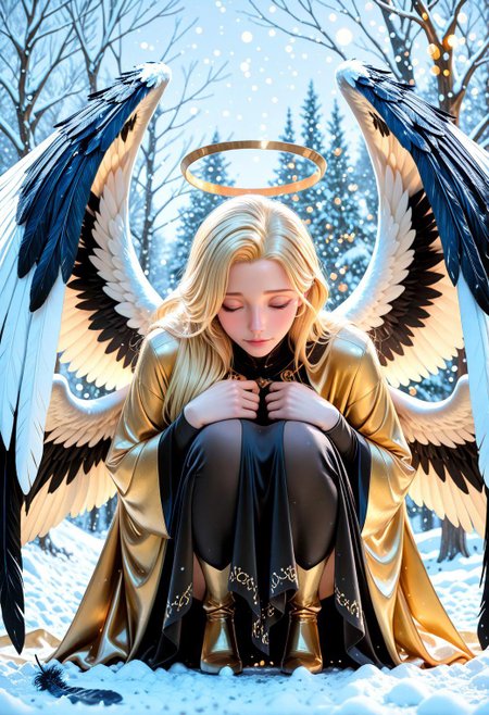 SmoothNoob_Quality, bokeh, symmetrical pose, symmetry, 1girl, solo, mature, blonde hair,  gold robe, intricate robe, black trim, closed eyes, halo, light particles, long hair, (multiple wings, white wings, black feathers), squatting, hugging own legs, bare tree, tree, winter, snow, snowing, depth of field, <lora:SLE_v2:0.2> <lora:Smooth_Booster_v3:0.5> <lora:All_Disney_Princess_-_Illustrious:0.3> <lora:IncaseStyle_NoobAI:0.25>