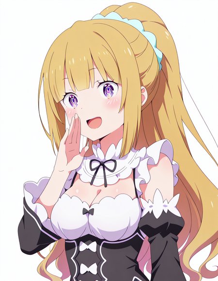 masterpiece, best quality, amazing quality,, <lora:kei-karuizawa-s2-v2-illustriousxl-lora-nochekaiser:1>, kei karuizawa, long hair, bangs, blunt bangs, purple eyes, blonde hair, hair ornament, ponytail, scrunchie, blue scrunchie, mature female, medium breasts, anime screencap,, <lora:rezero-rem-cosplay-illustriousxl-lora-nochekaiser:1>, rezero rem cosplay, rem (re:zero) (cosplay), roswaal mansion maid uniform, cosplay, maid, enmaided, underbust, detached sleeves,, <lora:shouting-hand-to-own-mouth-illustriousxl-lora-nochekaiser:1>, shouting hand to own mouth, shouting, hand to own mouth, looking at viewer, smile, open mouth, blush,, @_@, , <lora:transparent-background-illustriousxl-lora-nochekaiser:1>, transparent background, simple background, white background, ,