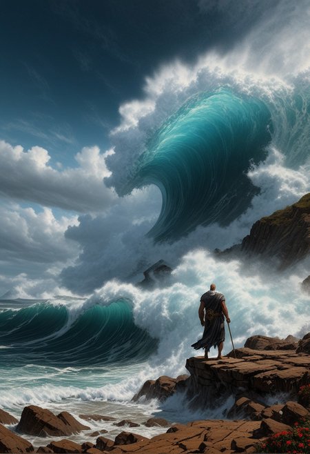 Comic book style 8k high quality digital painting, Boris Vallejo style, retro artstyle, score_9, score_8_up, score_9_up, very detailed, ultra realistic, (best quality) full body, very detailed masterpiece, RetroSci style, Moses parts the sea, an old man wearing a tunica and a toga is standing on a rock looking up to the sky, long stick in his right hand, raising his hands to the sky, in the background we see the ocean parting in two, water dispersed,  the water is parting leaving a dry corridor, huge waves of water on the left and on the right, tsunami-like huge waves, two tsunamis opposing each other, ocean, sea, epic scene, fantasy, surrealism, dreamscape, tenebrism, chiaroscuro, baroque, dramatic illumination, and dynamic lighting.