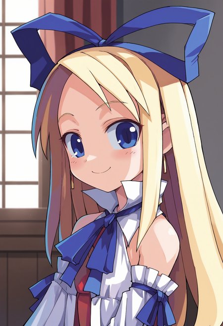 score_9, score_8_up, score_7_up, score_6_up, score_5_up, score_4_up , anime coloring ,BREAK source_anime, anime screencap,
1girl, solo,disflonne, blue eyes, bare shoulders, base flonne outfit, blue neck ribbon, blue hair bow,detached sleeves, yellow earrings,  <lora:PonyXL Flonne V3:1>
indoors, looking at viewer, upper body, smile,