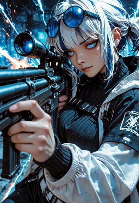 highres, very detailed, amazing quality, masterpiece,
very aesthetic,
particle effects,
1girl, Andreana from Arknights, large breasts, curvy, short hair, streaked hair, blue hair, white hair, short ponytail, blue eyes, round eyewear on eyes, blue-tinted eyewear, white jacket, hooded jacket, hood down, open jacket, layered sleeves, short over long sleeves, black sweater, turtleneck sweater, black pants, white belt, black bag, fanny pack,
Aiming a sniper, holding a sniper rifle, firing rifle, looking at viewer, smirk, intense, confident expression, 
reflections in glasses, particle effect, 
Close up, depth of field, ray_tracing, cowboy shot, extreme foreshortening, very aesthetic, cinematic,