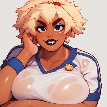 score_9, score_8_up, score_7_up, score_6_up, 1woman, , chubby, muscle, wrinkles, Mina, black eyes, blonde hair, thick eyebrows, eyeshadow, dark-skinned female, short sleeves, sportswear, topknot, huge sagging breasts, huge dark areola, black lipstick, hairy armpits , extreme pubic hair, fat muscular belly, sweaty, wet,  puffy,
gyaru,tan,tanned skin,revealing clothes, 
perfect face, detailed eyes, perfect eyes, sexy, sexy woman, beautiful eyes, petite body, perfect cute face, (armrest), light smile, seductive, portrait, biting own lip, portrait, close up