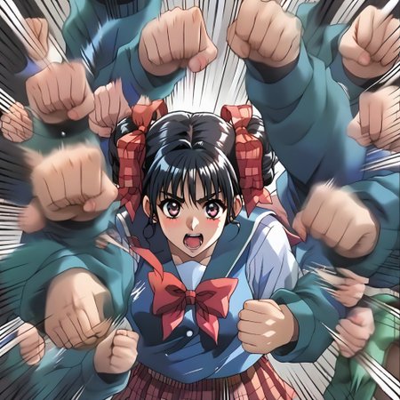 ASCII 1girl,<lora:pony_xl_narusawa:0.8>,narusawa,score_9,score_8_up,score_7_up,source_anime,black hair,
solo,
looking at viewer,school uniform,long sleeves,vest,pleated skirt,plaid skirt,socks,loafers,cowboy_shot,
serafuku,fighting_stance,
cute,
<lora:rushpunchXLpony002>,
rushpunch,punching,multiple hands,fists,clenched fists,(motion_blur:1.2),(motion line:1.1),speed_lines,
