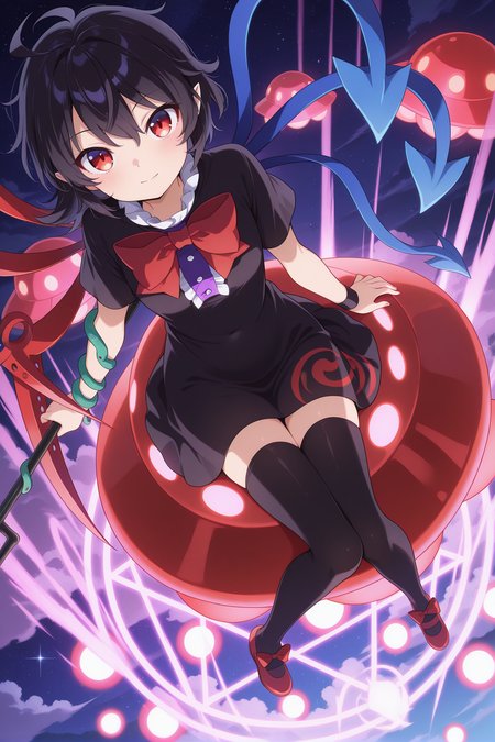 absurdres, highres, masterpiece, best quality, amazing quality, official anime artwork, screencap, anime screencap, looking at viewer, sitting,  
<lora:Nue-Houjuu_Illustrious:1> houjuu nue, 1girl, solo, red eyes, black hair, short hair, ahoge, pointy ears, asymmetrical wings,, black dress, black thighhighs, red bowtie, center frills, footwear bow, frills, snake armband, holding trident, 
ufo, oversized ufo, night, starry sky, star, cloud, flying, light particle, light smile, magic circle, danmaku,