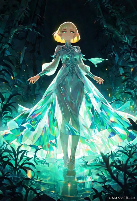 masterpiece, best quality, amazing quality, very aesthetic, absurdres, newest, 1girl,princess zelda, blunt bangs, blonde hair, bob cut, pointy ears, in the depths of a bioluminescent alien jungle, perfect eyes, [evangelion:cyberpunk edgerunners:0.5], reflective transparent emerald iridescent opaque clothing, long sleeves, flowing dress, long skirt, very aesthetic, highres, 4k, 8k, intricate detail, cinematic lighting, amazing quality, amazing shading, detailed Illustration, official artwork, wallpaper, official art, extremely detailed eyes and face, beautiful detailed eyes, from below, full body, thigh gap, BREAK <lora:ponyv4_noob1_2_adamW-000017:0.7000000000000001> <lora:USNR_STYLE_XL_lokr:0.45>