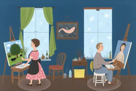 dorislee1 painting.
A studio scene with deep blue walls and two large windows.A woman and men are painting. On the left, a woman with short, curly brown hair and a pink dress with white polka dots stands at an easel, painting a landscape of a lush green tree with a small black cow grazing beneath it.  On the right is a man sitting on a stool, painting a portrait.  There is a picture frame with the painting of a whale in the middel of the image, between the two windows.
 <lora:dorislee1_cap_d6a3:1.0><lora:834814438579238246:0>