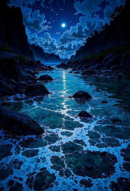 Seychelles Hidden Cove – Midnight Waves & Silver Moonlight
"A hidden cove in the Seychelles, bathed in the cool silver light of a full moon. The gentle waves reflect the night sky, creating a dazzling shimmer on the water’s surface. The beach is surrounded by towering granite boulders, partially illuminated by the celestial glow. The sound of the waves, combined with the distant hoot of an owl, adds to the serene ambiance."