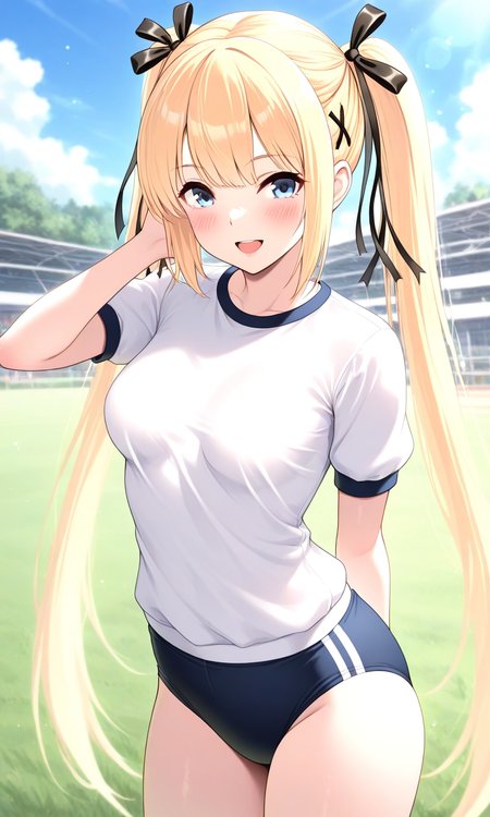 general,highres, ultra-detailed,very aesthetic,best quality ,best hands, BREAK  <lora:Marie_Rose_DOA_IS:1>
Marie_Rose(DOA), 1girl, solo, blonde hair, marie rose, twintails, very long hair, hair ribbon, black ribbon, blue eyes, x hair ornament, bangs, medium breasts, 
gym uniform,white shirt, dark blue buruma,
grass, sky, outdoor, happy, blush,