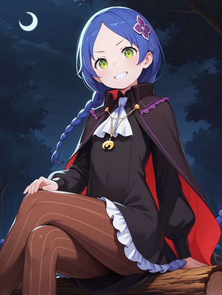 <lora:Meili Illu_1:1>1girl, solo, 
4ssassinmeili, blue hair, green eyes, long hair, single braid, 
black dress, brown pantyhose, vertical-striped pantyhose, frills, white ascot, black cloak, cape, two-sided fabric, crescent pendant, flower hair ornament, 
sitting, crossed legs, grin, night, log,, masterpiece, best quality, amazing quality
