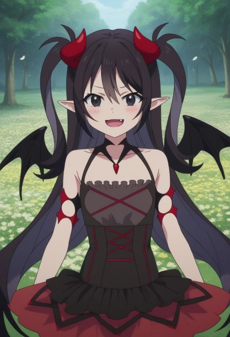 Luceria, long hair, black hair, pointy ears, fang, black eyes, black dress, two side up, demon girl, demon horns, demon wings, red horns
(nsfw), (uncensored), (score_9), score_8_up, score_7_up, source_anime, cowboy shot, dynamic pose, 1 Female, solo, happy smile joy, blush, ashamed, shy, sexy, charming, alluring, seductive, enchanting, erotic, 
((outdoors)), ((flower garden)), ((flowers)), ((many flowers)), spring petals, petals of flowers, spring, falling petals, flying butterflies,