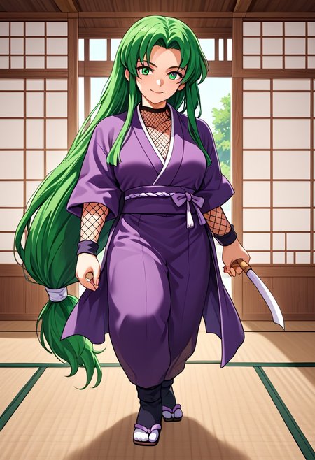 score_9,score_8_up,score_7_up,source_anime,5_figner,2d_animation,game cg,BREAK,1girl,solo,mature female,Yae,green eyes,green hair,low-tied long hair,parted bangs,very long hair,sidelocks.japanese clothes,purple kimono,ninja,fishnets,tabi,short kimono,
full body,looking at viewer,front view,smile,
japanese room,
masterpiece,best qualit,ultra-detailed,illustration,an extremely delicate and beautiful,beautiful detailed eyes,unity 8k wallpaper,high resolution,anime CG,official_art,
