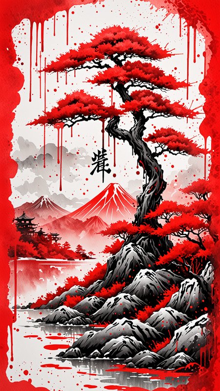 (ULIMATE Spray Painted style), Graffiti landscape, (Japanese Writing in Red), trending on ArtStation , intricate details, masterpiece, best quality, (Use Dream Diffusion Secret Prompt), (Epic), UHD <lora:Paint_Effects_SDXL_-_By_DICE:1>  WaterColour Paint Effect, Dripping Paint Effect,