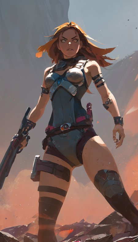 Female sci-fi warrior, fierce fight, scenery, detailed background, masterpiece, best quality, high quality, absurdres, Toni Infante <lora:toni_infante_xl_v3:1>