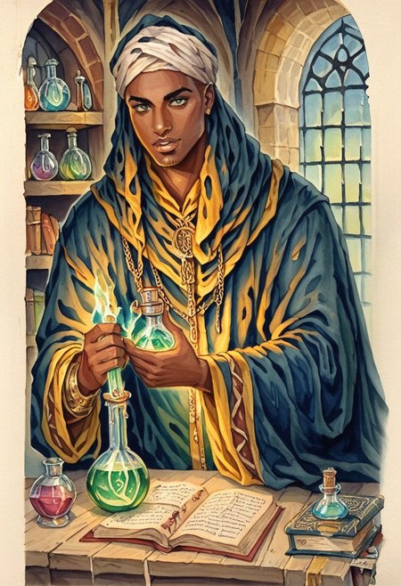 score_9, score_8_up, score_7_up, oblivionarts, solo, 1boy, alchemist, ((african male)), robes, turban, vial, potion, book, apothecary background, traditional art, medieval, <lora:Oblivion:.6>