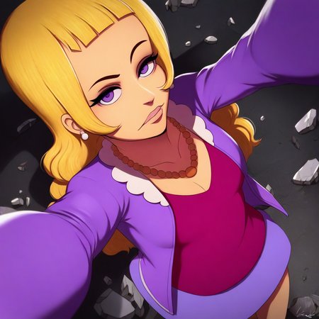 masterpiece, best quality, solo, break, lola_sk, blonde hair, long hair, earrings, necklace, jacket, skirt, selfie, from above