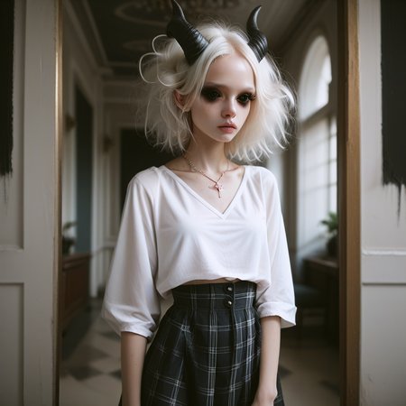 score_9_up, score_8_up, score_7_up, (masterpiece), (best quality), (ultra-detailed), (very aesthetic:1.2), intricate details, perfect composition, absurdres,
1girl, solo, <lora:bdemonpony011:1>, colored skin, pale skin, white skin, black hands, black feet, pitch black eyes, monster girl, skinny, anorexic, slim, horns, white hair,  
chain necklace, cross necklace, bracelets, white shirt and plaid skirt, 
indoors, dark black room, music decorations, 80's punk style, solo,