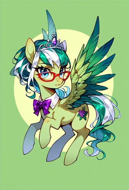 ng_deepnegative_v1_64t, score_9, score_8_up, score_7_up, zPDXL2, detailed background, concept art, source_anime, green background, solo, easynegative, source_anime, pop art background, lineart_style, pony,  big blue eyes, green body, red eyeglasses, green wings, dark green hair, eyebrow raised, white highlights, thinking, bow tie, purple flowers in hair, silver tiara, book cutie mark, full body