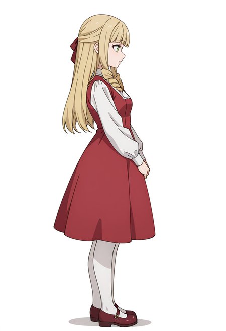 Smooth Quality,masterpiece,very intricate, high quality details, high detailed skin,detailed enviorement,absurdres, 
simple background, white background,from side,
 d:,
 <lora:Fiatoio_Annacnn:0.7>
fannacnn, 1girl, blonde hair, green eyes, long hair, blunt bangs, sidelocks, drill hair, 
white pantyhose, red dress, long sleeves,bow, hair ribbon, white shirt, shoes, mary janes,