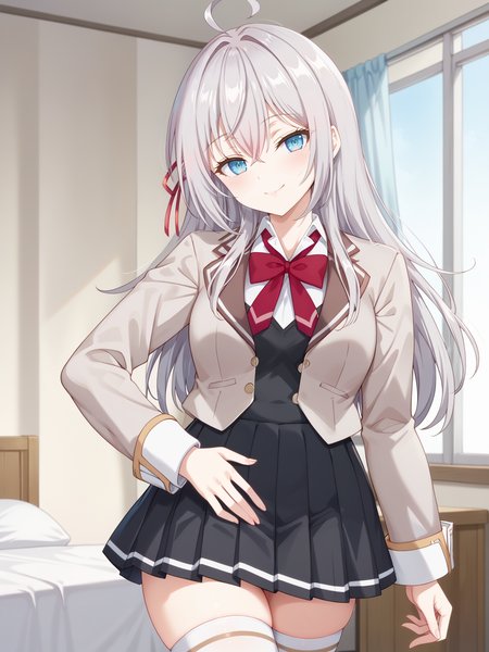 ((score_9)), ((score_8))
bedroom, smile, looking at viewer, cowboy shot, smile, pose, closed mouth, 
<lora:add-detail-xl:1>
alyav4, 1girl, long hair, grey hair, blue eyes, ribbon, hair ribbon,  hair between eyes, school uniform, jacket, shirt, white shirt, blazer, bow, bowtie, collared shirt, red ribbon, long sleeves, skirt, pleated skirt, black skirt, red bow, red bowtie, ahoge, thighhighs, white thighhighs,  <lora:Alya-sanV3-04:0.9>