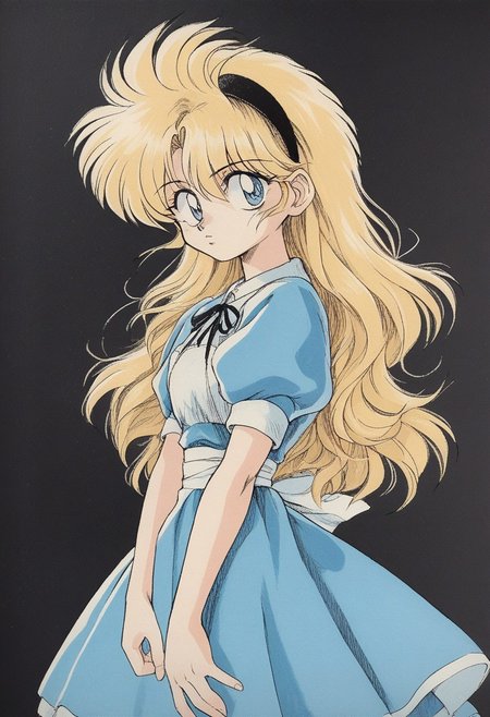 zPDXL3, source_anime, alice in wonderland, blue dress, long hair, blonde hair, hairband, cowboy shot, retro artstyle, traditional media, <lora:Ippongi_Ban_Artist_Style_PonyXL:1> <lora:ncpy13 style_a:1> ncpy13 style, pastels drawing