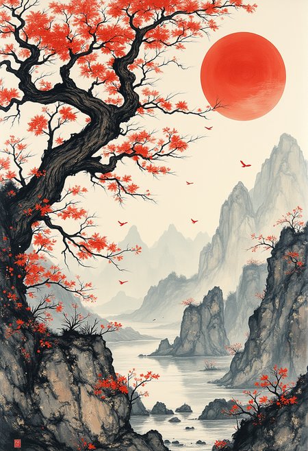 A masterpiece of (chinese ink painting) style created by the collaboration of Henri Matisse and William Morris.    HD32K, hyperdetailed, best quality, aidmaMJ6.1.