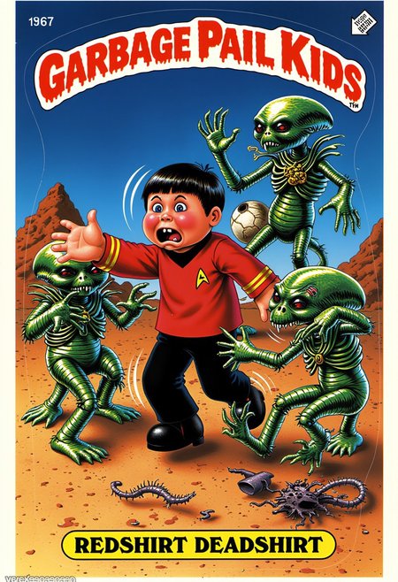 A cartoon picture of Garbage Pail Kids named "REDSHIRT DEADSHIRT". The words "GARBAGE PAIL KIDS" are written in red at the top. The words "REDSHIRT DEADSHIRT" are written in bold letters at the bottom of the image. Redshirt Deadshirt is on a hostile and grim alien planet.  He is wearing a 1967 red Star Trek shirt and black pants. He has a look of panic on his face as aliens close in on him, ready to pounce.  He has no chance of survival!