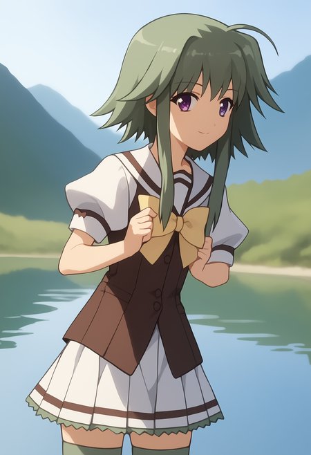 score_9, score_8_up, score_7_up,closed mouth, shiny skin, light smile,ohwx, solo, 1girl, purple_eyes, green_hair, short_hair_with_long_locks, sidelocks, ahoge,school_uniform, bow, thighhighs, puffy_sleeves, short_sleeves, puffy_short_sleeves, yellow_bow, white_skirt, lake,<lora:mayumi_thyme_pony_sobsynapse-000005:1>