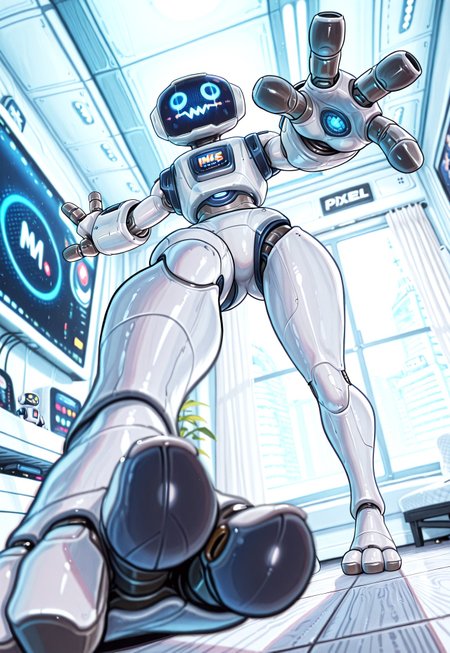 mrherbie, robot, white body, screen face, 3 fingers, legs, 3 toes, 

indoors, futuristic bedroom, white theme bedroom, dynamic pose, foreshortening, perspective, 

masterwork, masterpiece, best quality, detailed, depth of field, high detail, very aesthetic, shadmanILL, pixelsketcher, 